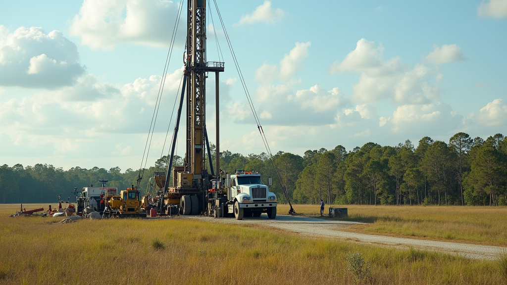 Well drilling equipment against a Florida backdrop
