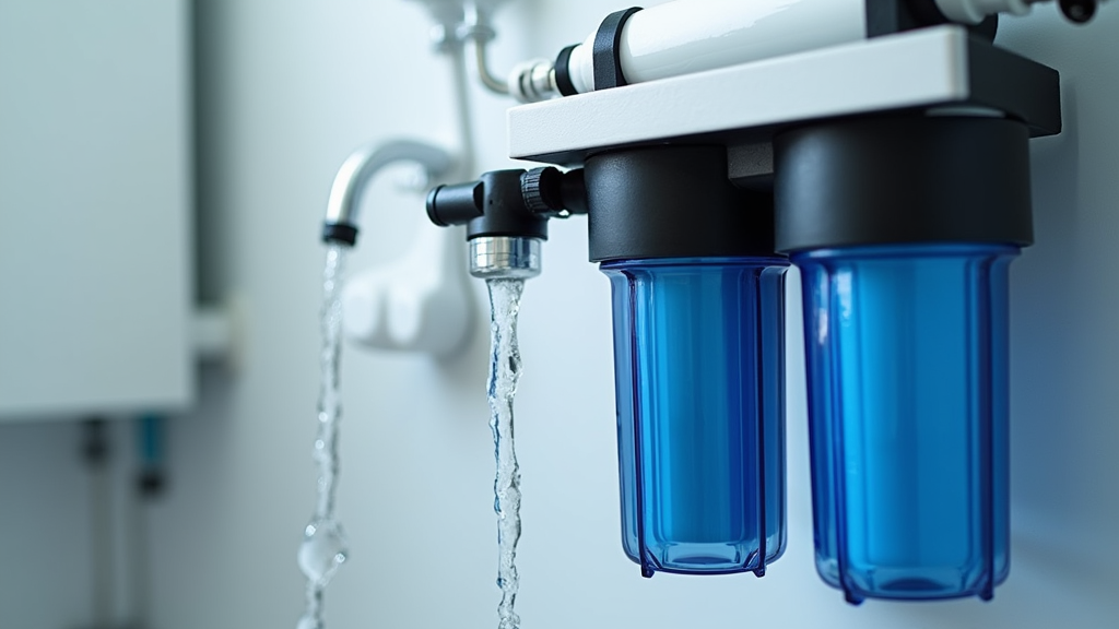 Close-up of advanced water filtration system components including multi-stage filters, reverse osmosis membrane, and UV sterilizer, installed on a clean utility wall with clear flowing water.